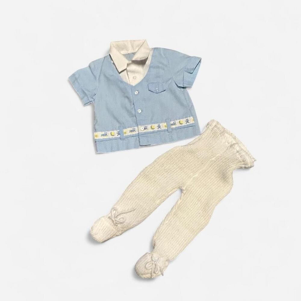 Vintage 70s 0-6 months baby boy outfit blue train button up shirt knit pants
